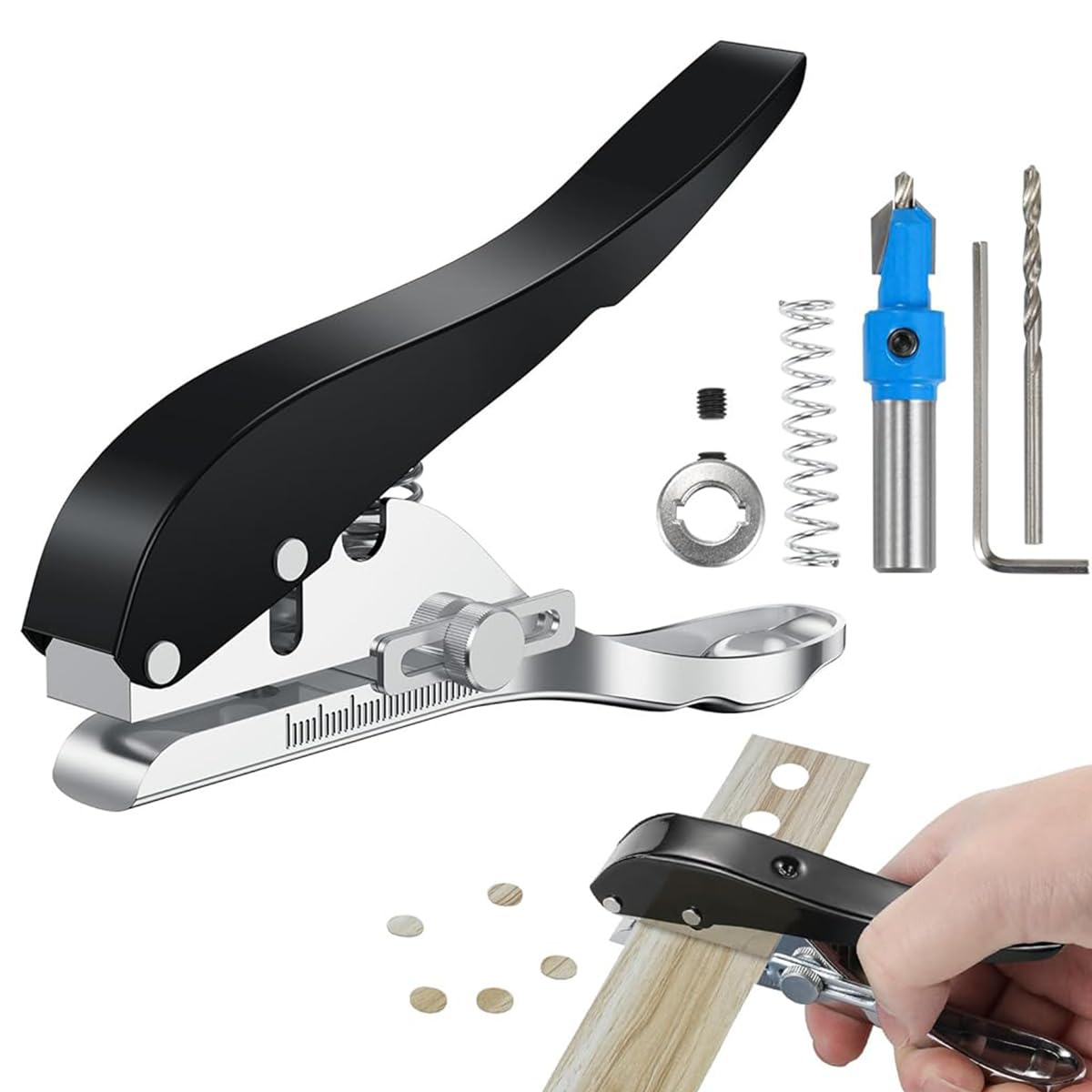 Serplex Manual Hole Punch Kit Heavy Duty Spring Loaded Hole Punch 10mm Hole Size Punching Tool for Wooden Edge Bands, Plastic Sheets, Paper, with Drill & Drill Stop Collar Serplex Manual Hole Punch Kit Heavy Duty Spring Loaded Hole Punch 10mm Hole Size Punching Tool for Wooden Edge Bands, Plastic Sheets, Paper, with Drill & Drill Stop Collar